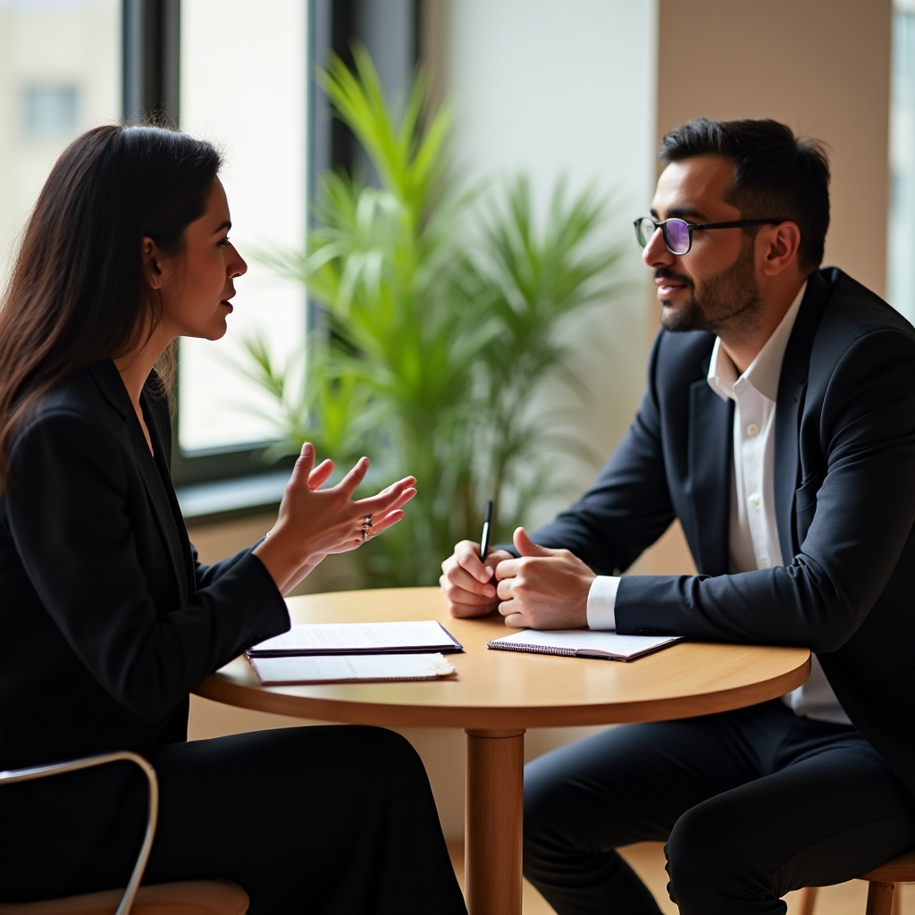 Zwei frisch beförderte Teamleiter üben ein Feedbackgespräch in einem hellen Workshopraum in Frankfurt