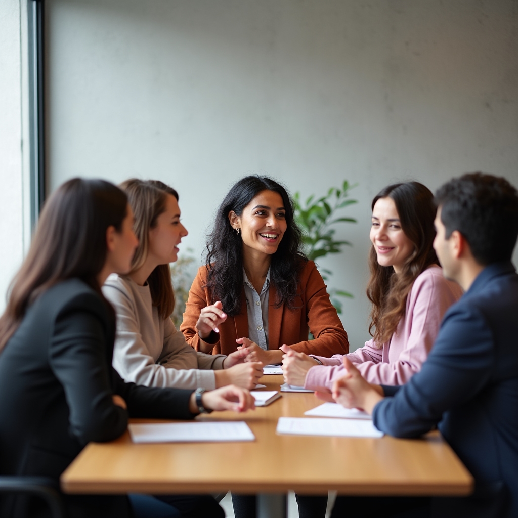 Kleine Gruppe von Teilnehmenden diskutiert an einem Tisch während des Workshops in Düsseldorf